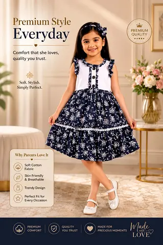 Girls Floral Printed Cotton Dress with Ruffles