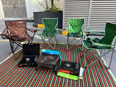 Set of 4 Foldable Camping Chairs with 2 Portable Stoves and Mat+ barbecue stand
