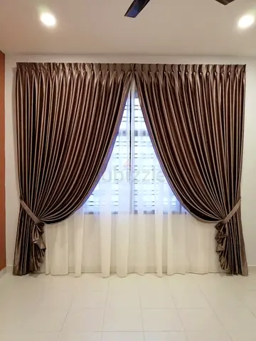 Pair of Elegant Brown Pleated Curtains with Sheer Liners
