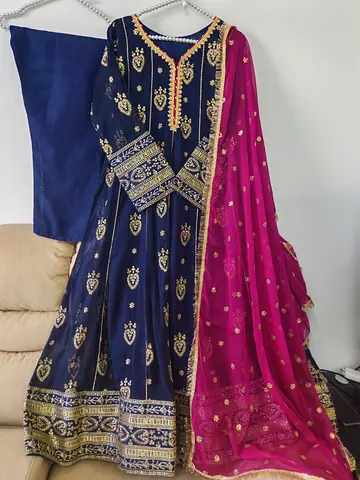 Navy Blue Traditional Embroidered Anarkali Dress with Pink Dupatta - Size Approx M