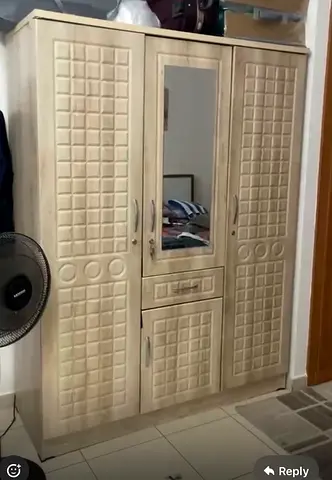 Beige 3-Door Wardrobe with Mirror - Good Condition
