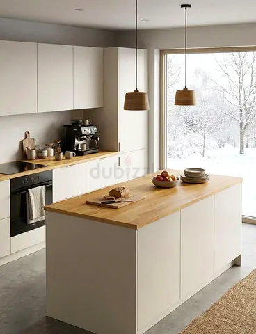 Modern white kitchen island with wooden colour Top