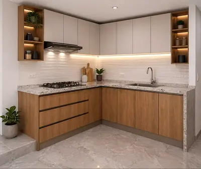 Modern L-shaped Kitchen Cabinets with Granite Countertop
