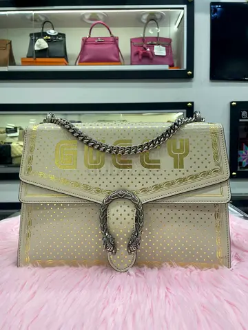 Gucci Off White/Gold Leather Medium Dionysus GUCCY Star Shoulder Bag (Authentic/PreOwned)