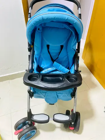 Lightweight Blue Baby Stroller with Tray and Footrest - Good Condition