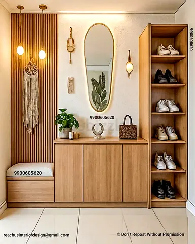Oak Entryway Shoe Cabinet with Bench and Mirror