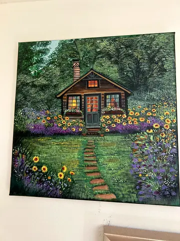 Original Framed Cottage Garden Painting — Acrylic on Canvas