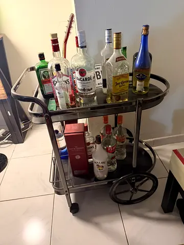 Metal and glass Bar Cart / Serving Trolley - 2 Tier, Wheels