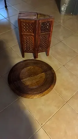 Handcrafted Round Wooden Coffee Table and Matching Side Stool - Solid Carved Design
