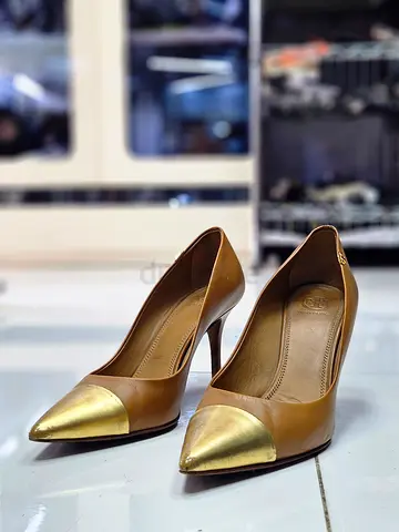Tory Burch penelope cap toe pump brown gold LEATHER POINTY