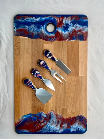 Handcrafted Wooden Cheese Board with Resin Accents and 4-Piece Cheese Knife Set