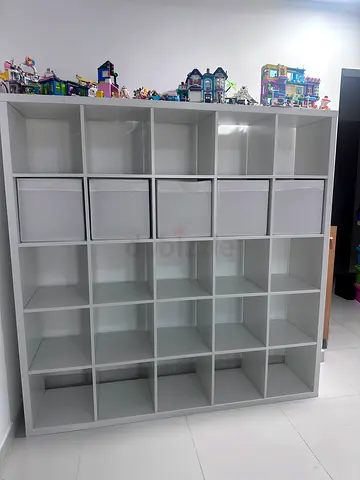 Large White 25-Cube Storage Shelf Unit with Bins - Good Condition