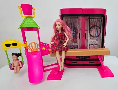 Barbie playset with wardrobe, slide, swing and doll - used