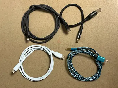 4 assorted mobile charging/data/aux cables (Lightning  USB)