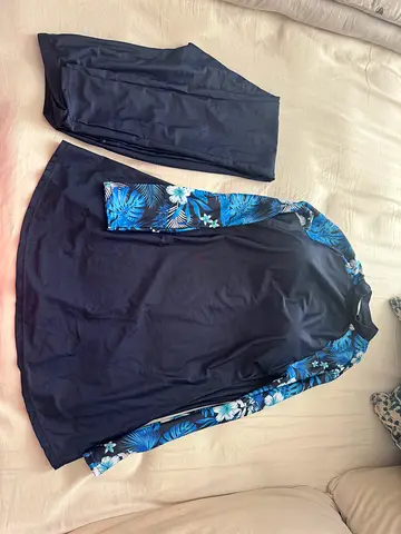 Navy modest full-coverage swim set with blue floral sleeves (two-piece) Size M