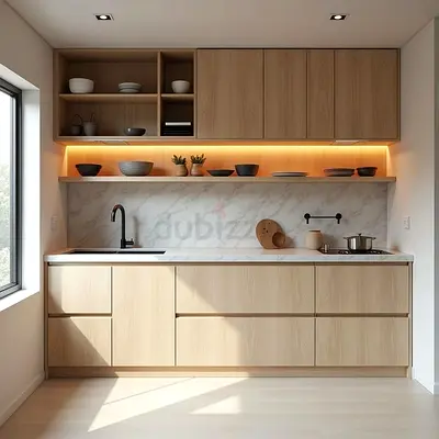 Light wood modern fitted kitchen cabinets with marble backsplash