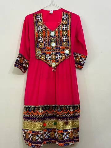 Pink traditional embroidered long dress with mirror work - Medium