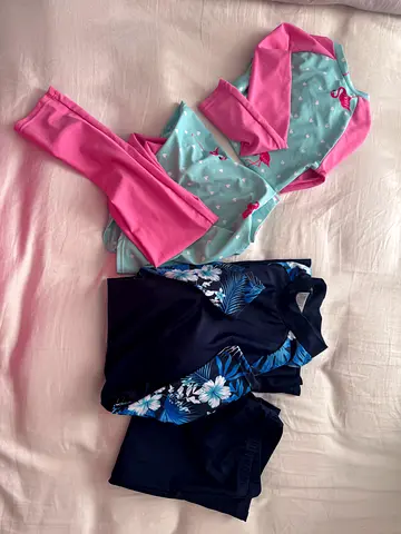 Two (girl and teen) long-sleeve swim sets (size for kids) - pink flamingo and navy floral
