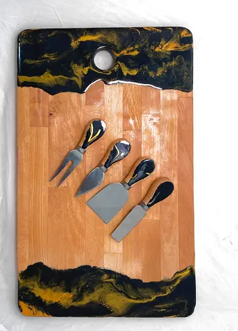 Handmade Wooden Cheese Board with Decorative Resin Edges and 4 Cheese Tools