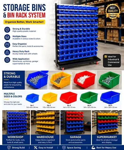 Heavy-Duty Plastic Storage Bins with Mobile Rack - Industrial Parts Organizer