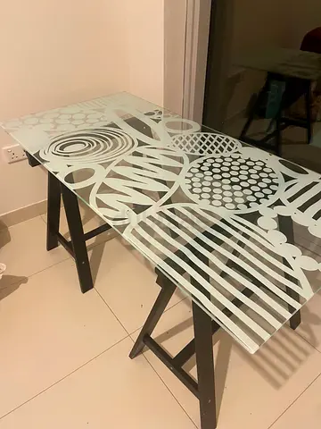 Glass Top Table with Decorative Frosted Pattern on Black Trestle Legs