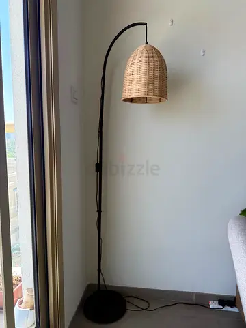 Rattan Floor Lamp with Curved Black Stand
