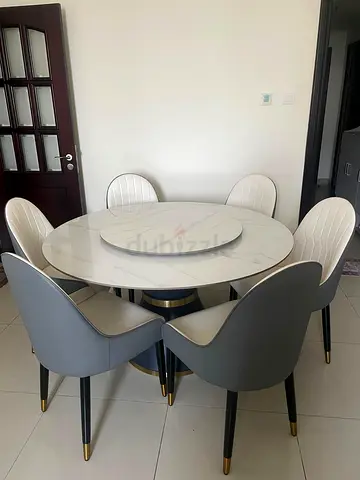 Lanny rotating dining table with Cream Upholstered Dining/Accent 6 chairs