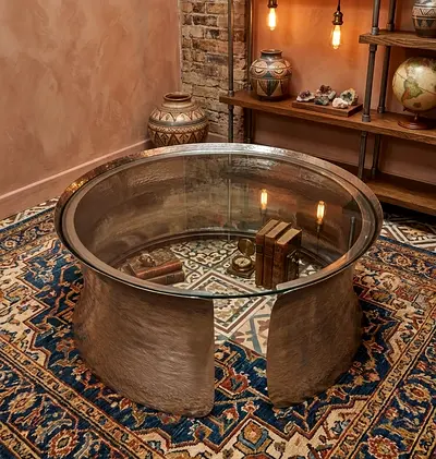 Unique Industrial Round Coffee Table with Glass Top