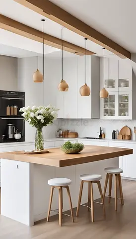 Modern Scandinavian Kitchen Island with Wooden Countertop and Stools