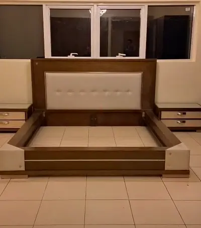 King size wooden bed frame with upholstered headboard