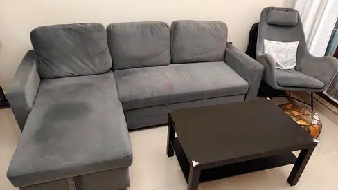 Grey L-shaped Fabric Sofa with Storage Space (Extending)
