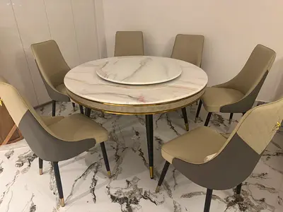 Round Marble-Top Dining Table with 6 Chairs and Lazy Susan