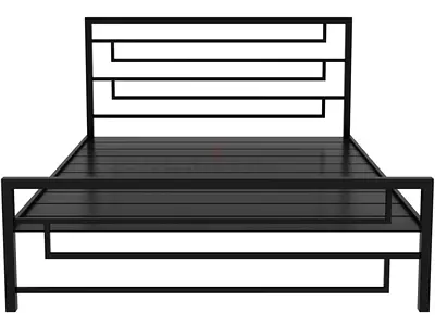 Black Metal Double Bed Frame with Modern Geometric Headboard