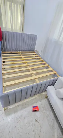 Queen upholstered bed frame with slats - light grey