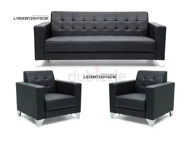 Black 3-Seater Sofa with Two Matching Armchairs - Modern Leatherette Set