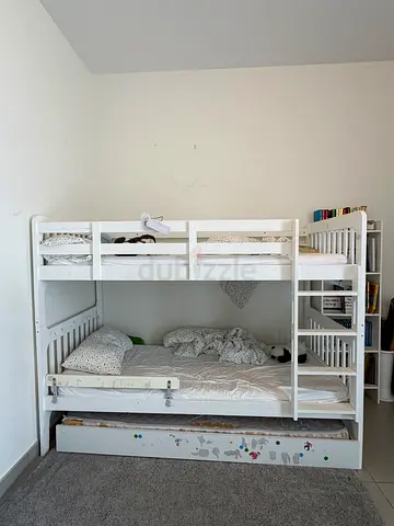 White wooden bunk bed with 2 mattresses and trundle - good condition