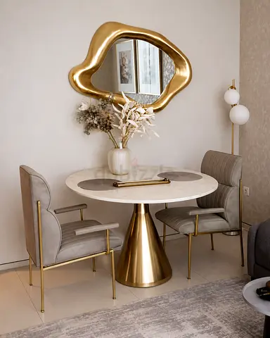 Modern Round Dining Table with Gold Pedestal Base and 2 Upholstered Chairs