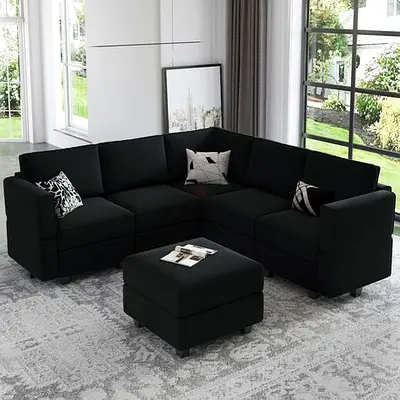 L-shaped Black Fabric Sectional Sofa with Ottoman