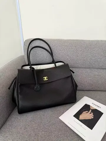 Black Leather Tote Handbag with Gold CC Emblem