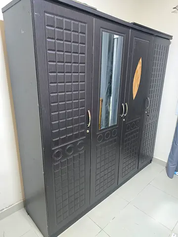 Large 4-Door Dark Wood Wardrobe with Mirror - Good Condition