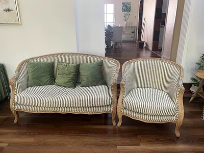 Pair of Vintage-Style Striped Sofa and Armchair - Solid Wood Frame