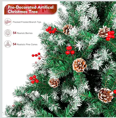 6 Feet Artificial Snowy Christmas Tree with Pinecones  Berries
