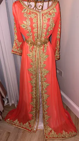 Coral Kaftan with Gold Embroidery and Waist Belt - Size M