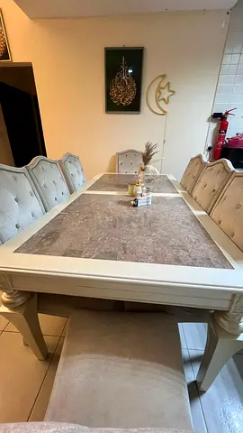 8-Seater Marble-Top Dining Table with Upholstered Chairs