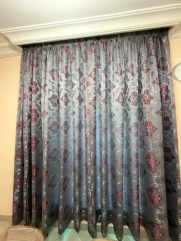 Grey patterned blackout curtains - pair, good condition