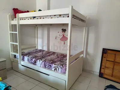 White Wooden Bunk Bed with Trundle - Good Condition