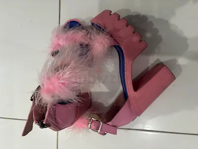 Pink Faux Fur Platform Block Heel Sandals