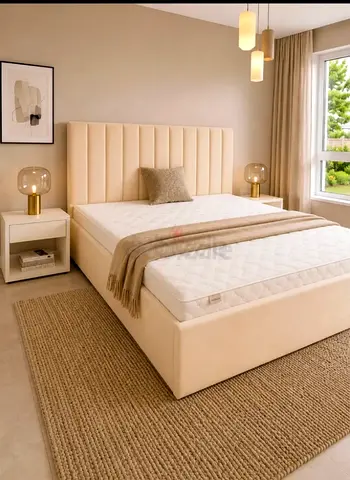 Queen size fabric bed with madical mattress available