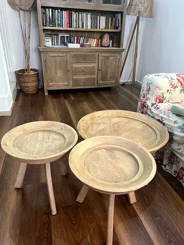 Set of 3 Rustic Round Wooden Side Tables