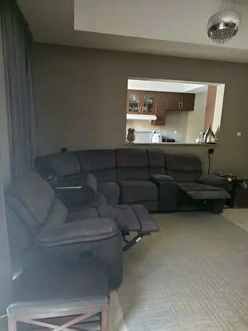 Gray Fabric Reclining Corner Sofa - 5 Seater Sectional, 2 recliners, center storage, charging ports